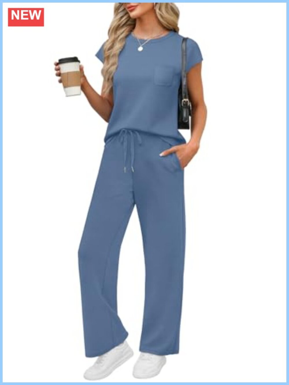 Womens 2 Piece Lounge Set Cap Sleeve Wide Leg Pant Travel Vacation Outfit